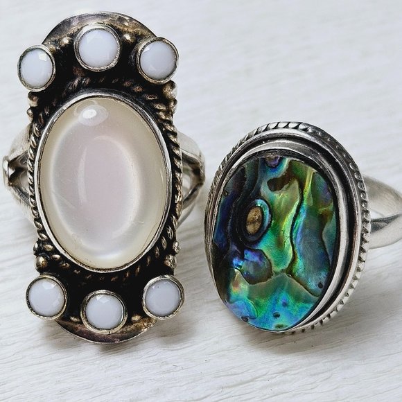 2 Bold Stone Sterling Rings Abalone White Moon Glow SZ 9 - Picture 1 of 11